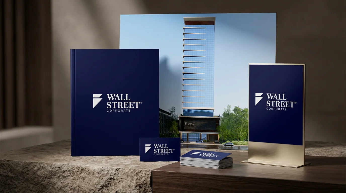 Composição da identidade visual do Wall Street Corporate com a fachada do edifício